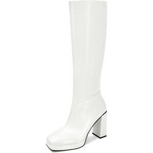 Women's White Leather Knee High Boots Side Zipper Platform Chunky Block